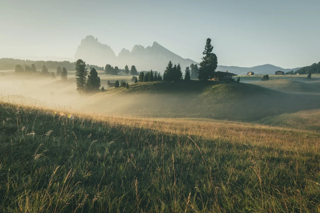 Foggy morning landscape with distant mountains.