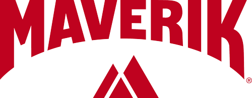 Red Maverik logo on black background.
