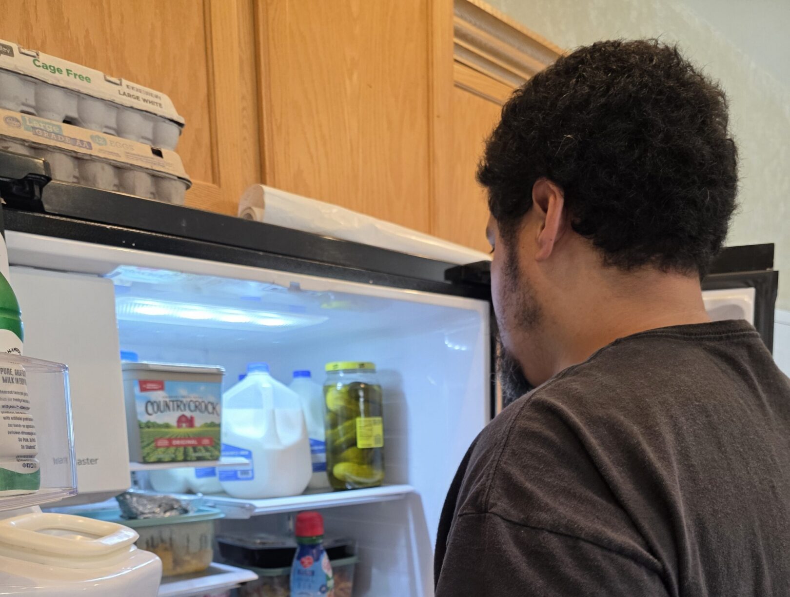 Person looking into open refrigerator with food inside