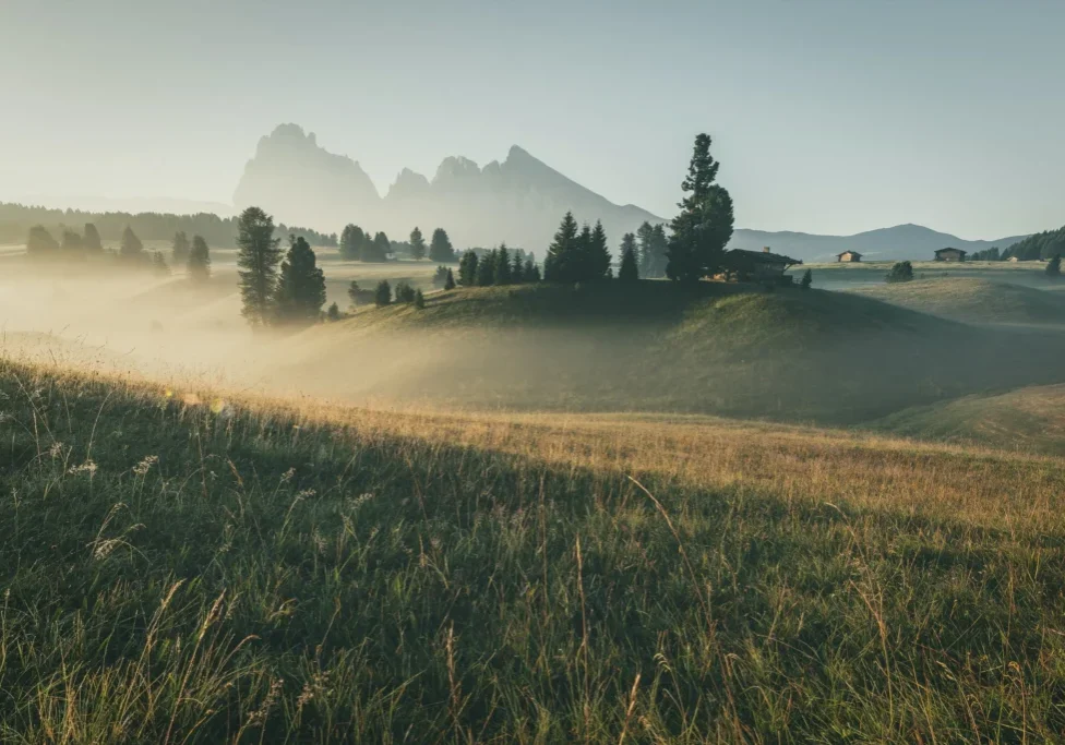 Foggy morning landscape with distant mountains.
